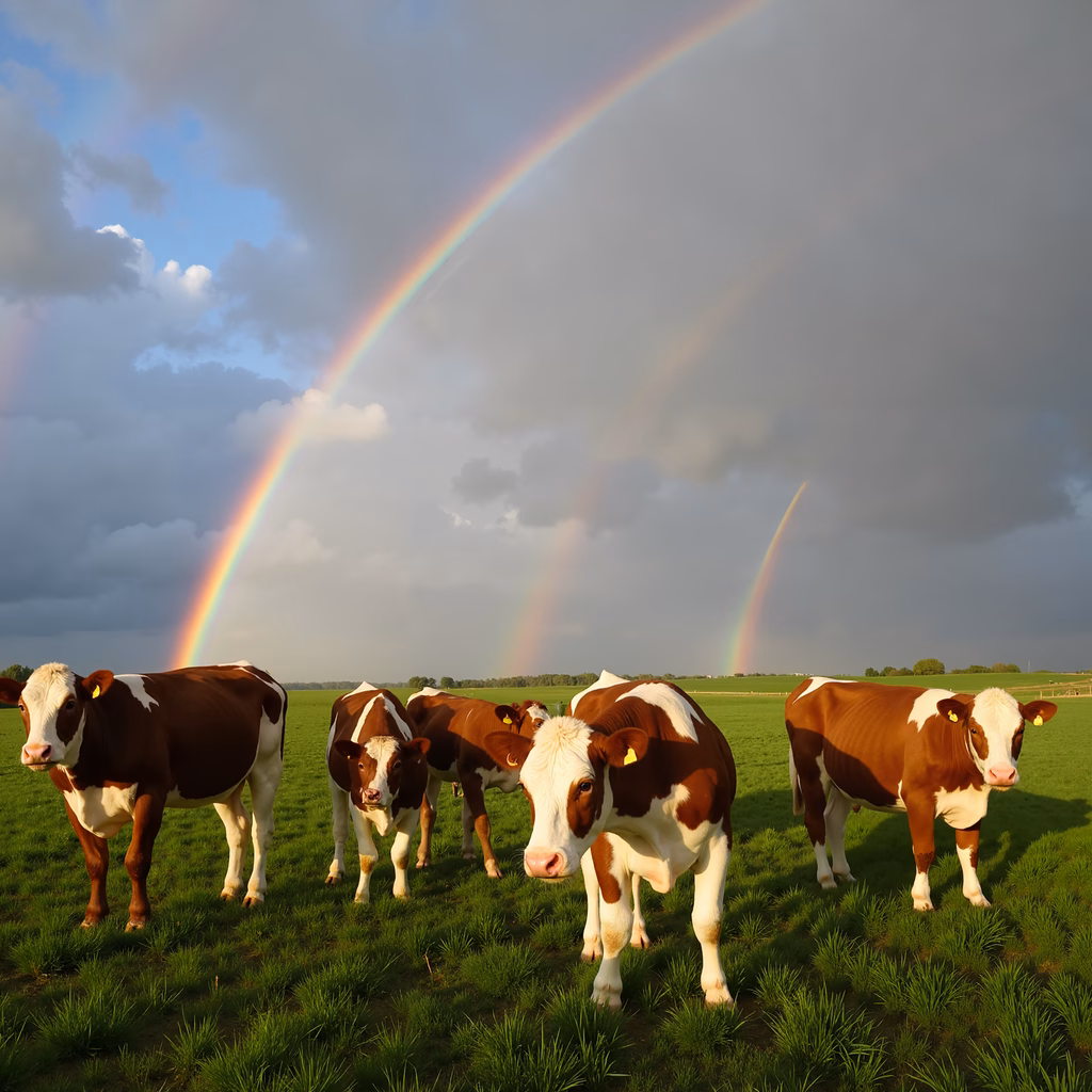 Cows grazing under a double rainbow in a lush green pasture.