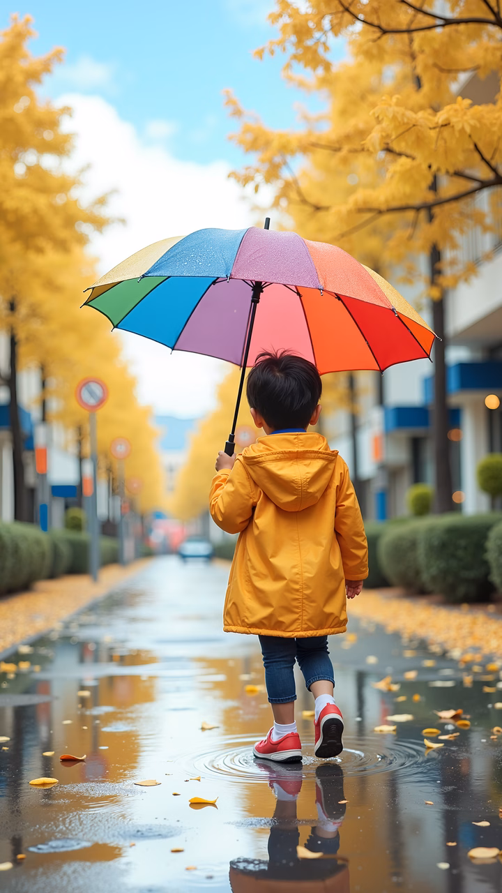 A child in a yellow raincoat under a rainbow umbrella on a rainy day, full of joy and whimsy.