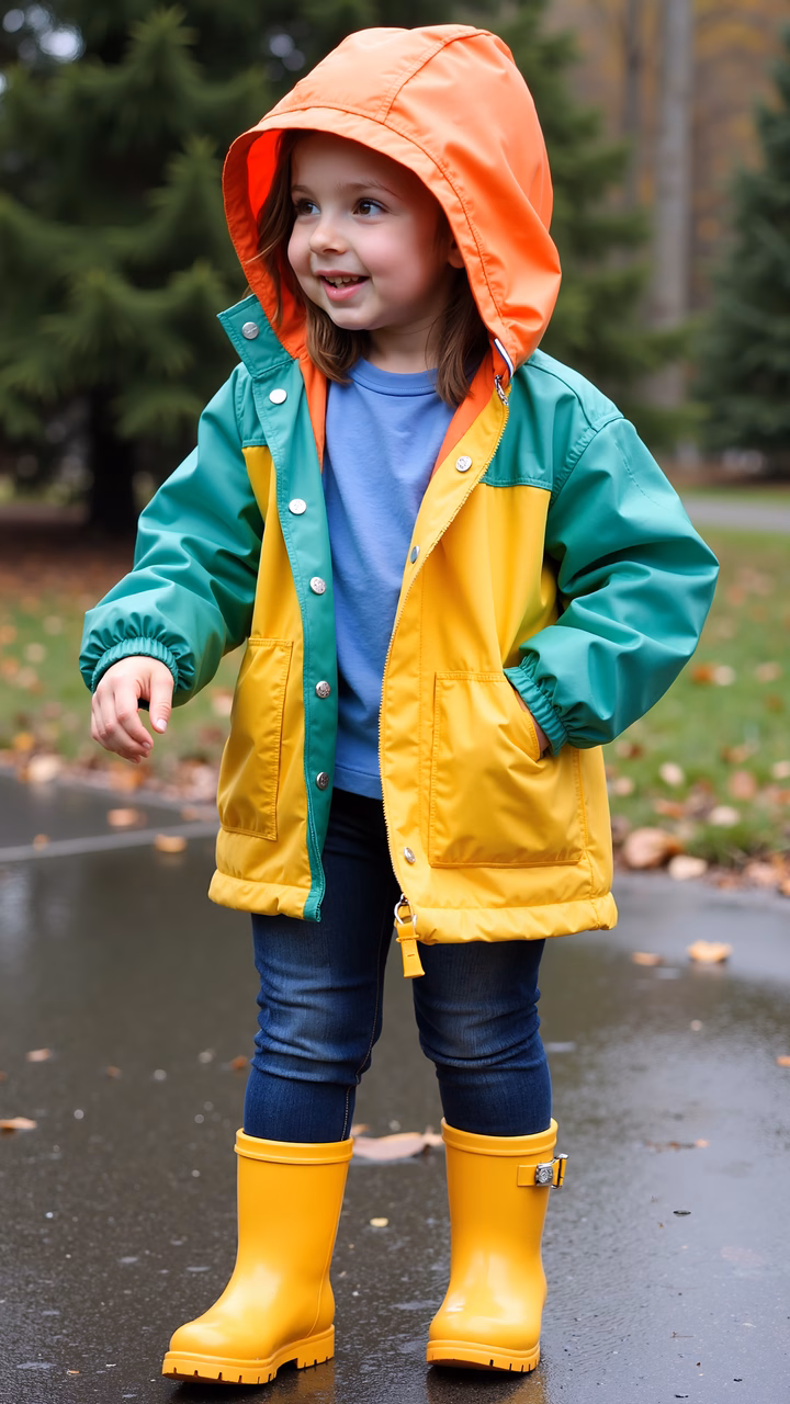 Brightly colored rain gear on a rainy day