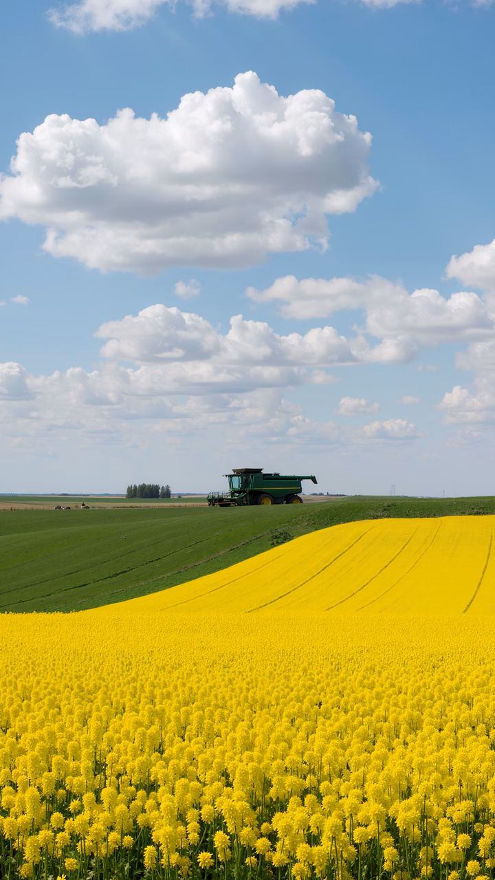 Harvesting rapeseed under a clear sky