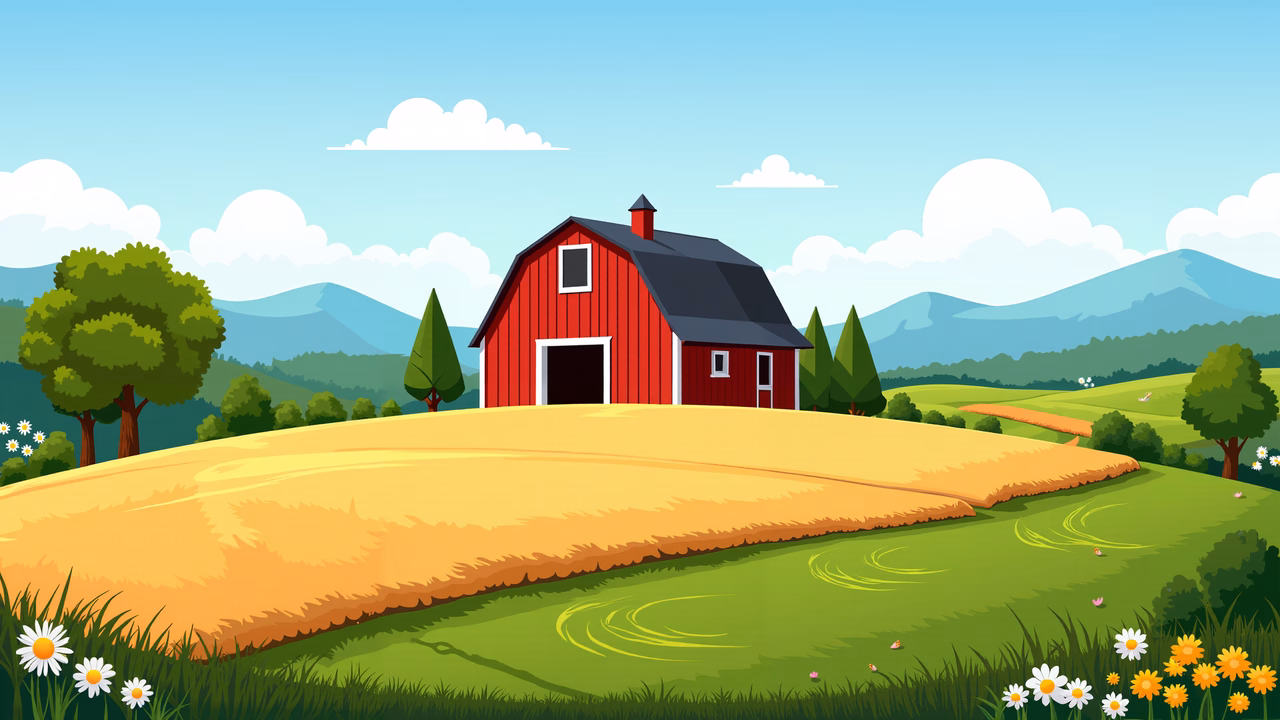 A charming red barn surrounded by greenery and flowers under a sunny sky.