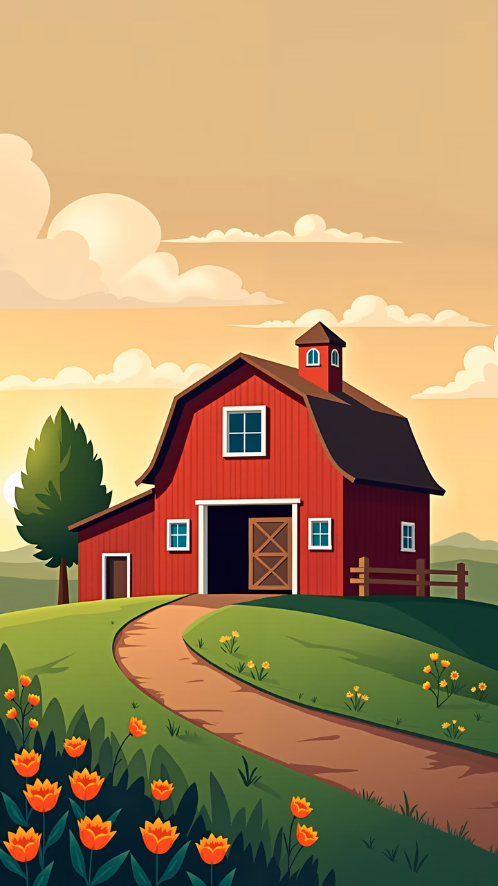 A charming red barn surrounded by vibrant flowers in a tranquil countryside setting.