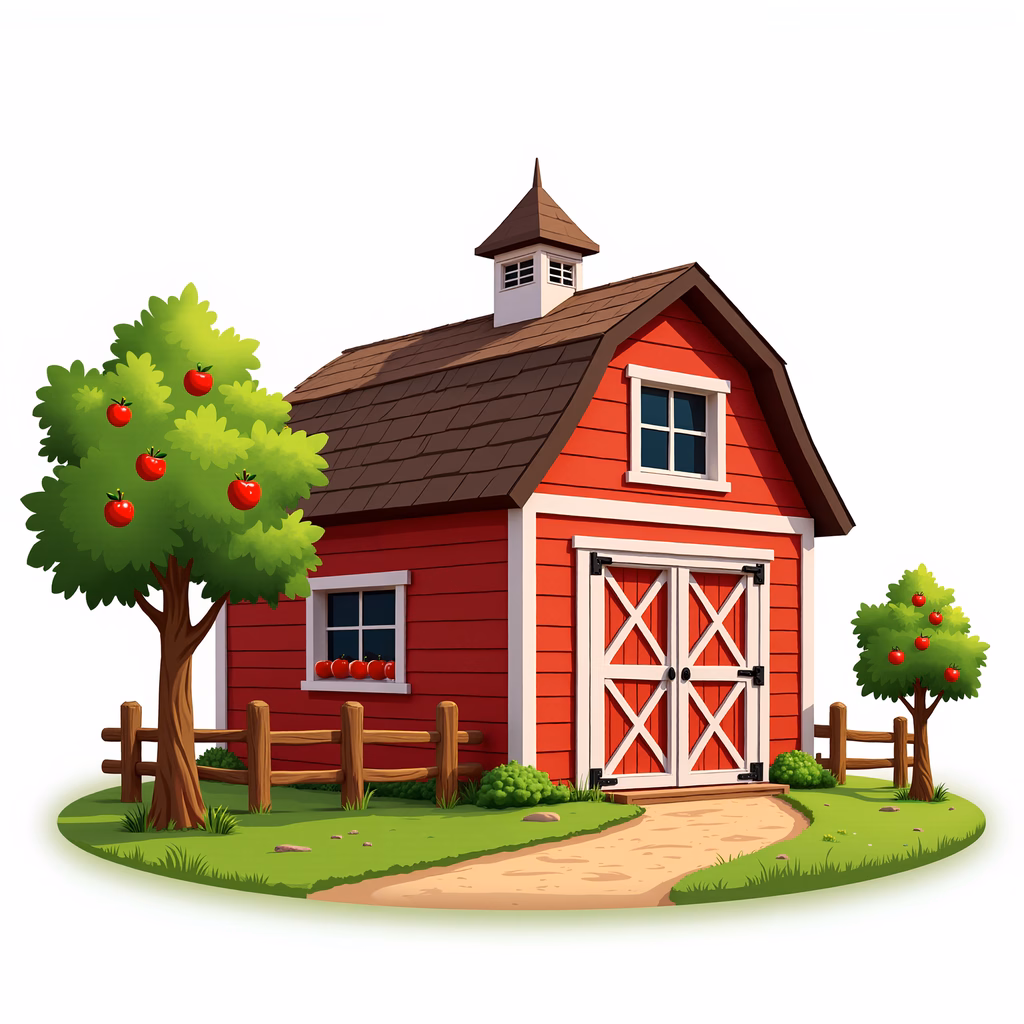 A delightful red barn surrounded by apple trees in a serene countryside setting.