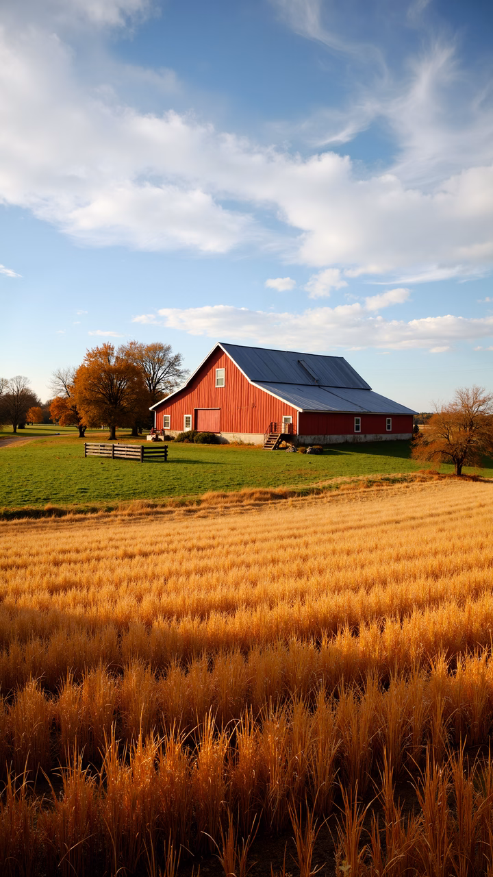 A red barn surrounded by golden fields under a clear blue sky, evoking a sense of tranquility and nostalgia.