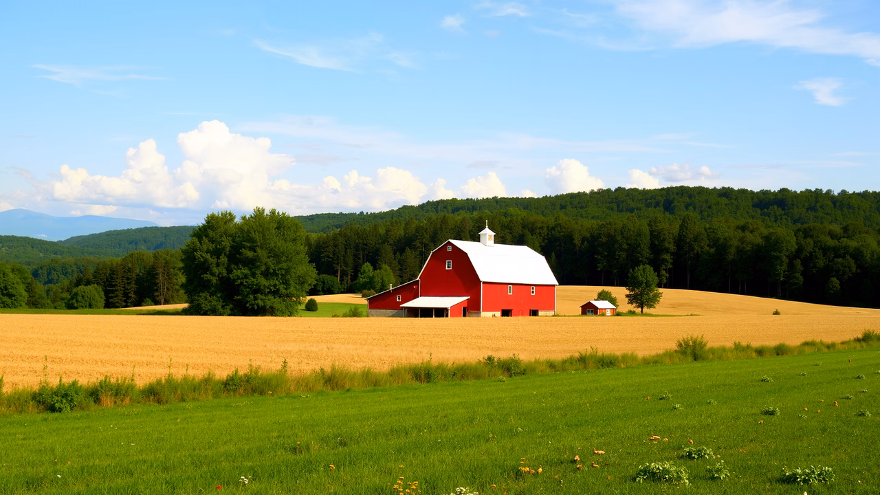Idyllic red barn surrounded by golden fields and lush greenery under a clear sky.