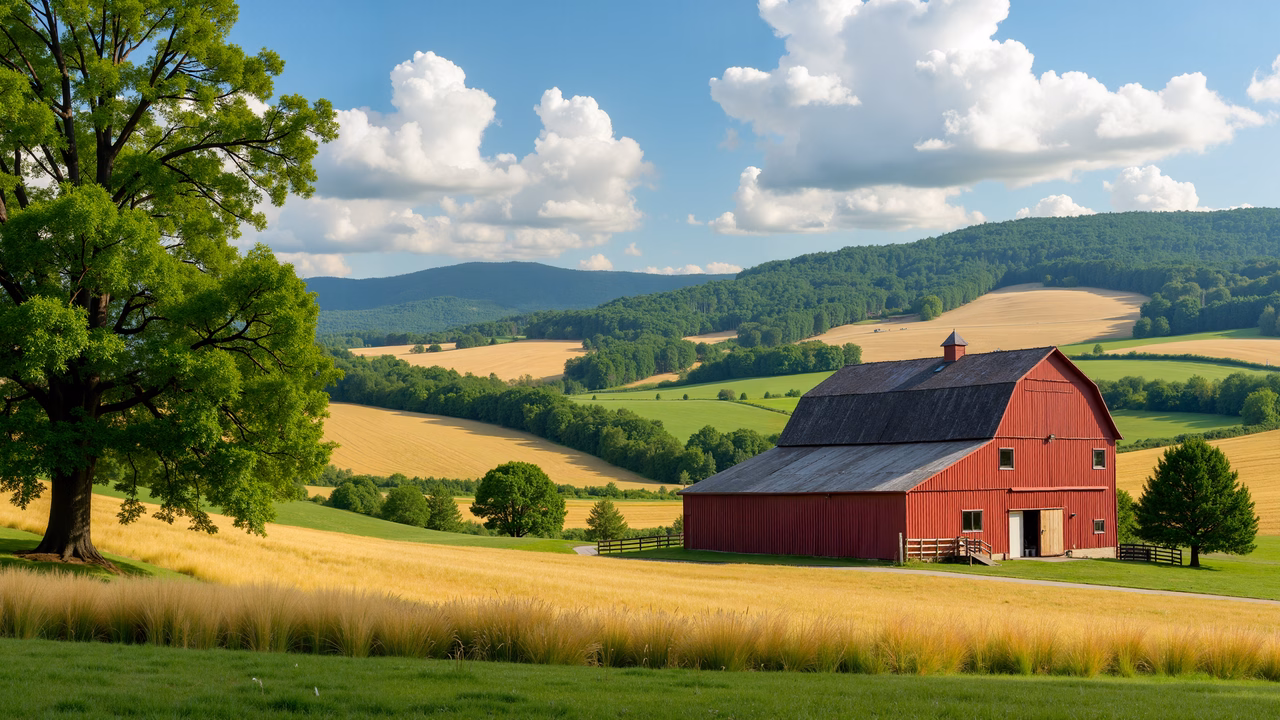 A red barn surrounded by golden fields under a clear blue sky.