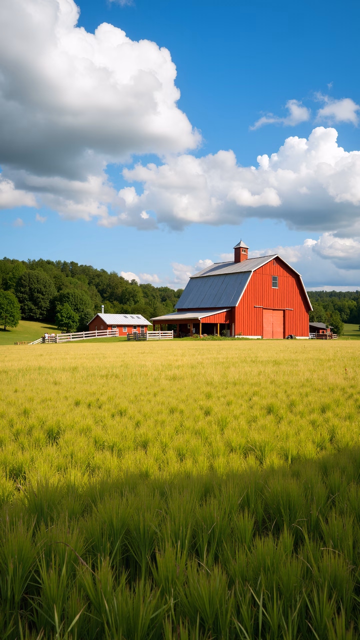 Red barn amidst verdant fields under a clear blue sky.