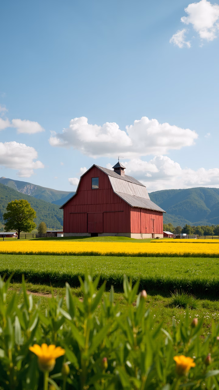 A picturesque red barn amidst green fields and yellow flowers under a blue sky.