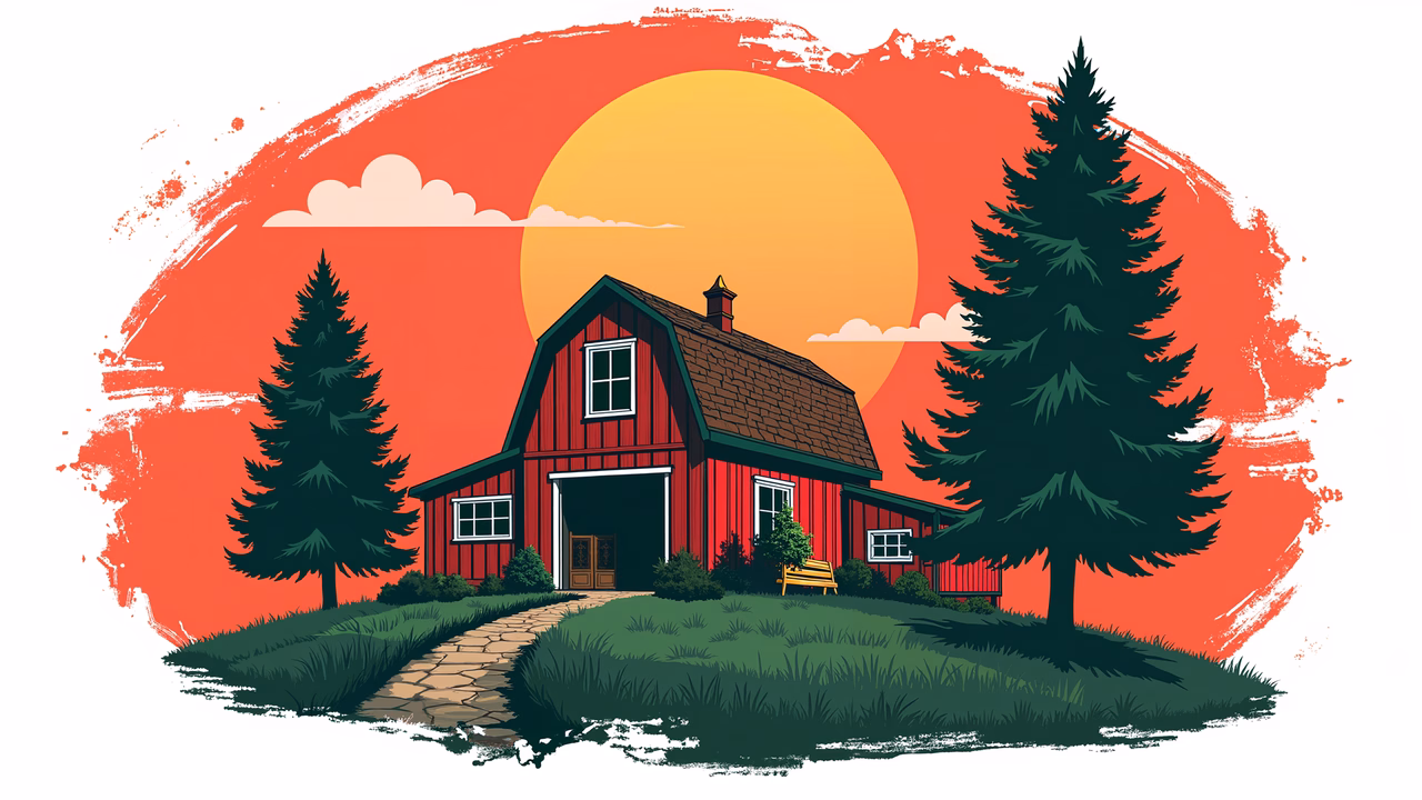 A picturesque red barn surrounded by evergreens under a stunning sunset.