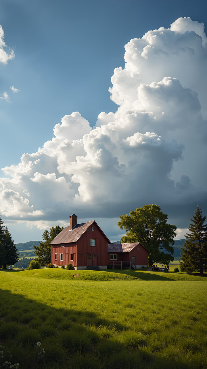 A picturesque red barn surrounded by green fields under a cloudy sky.