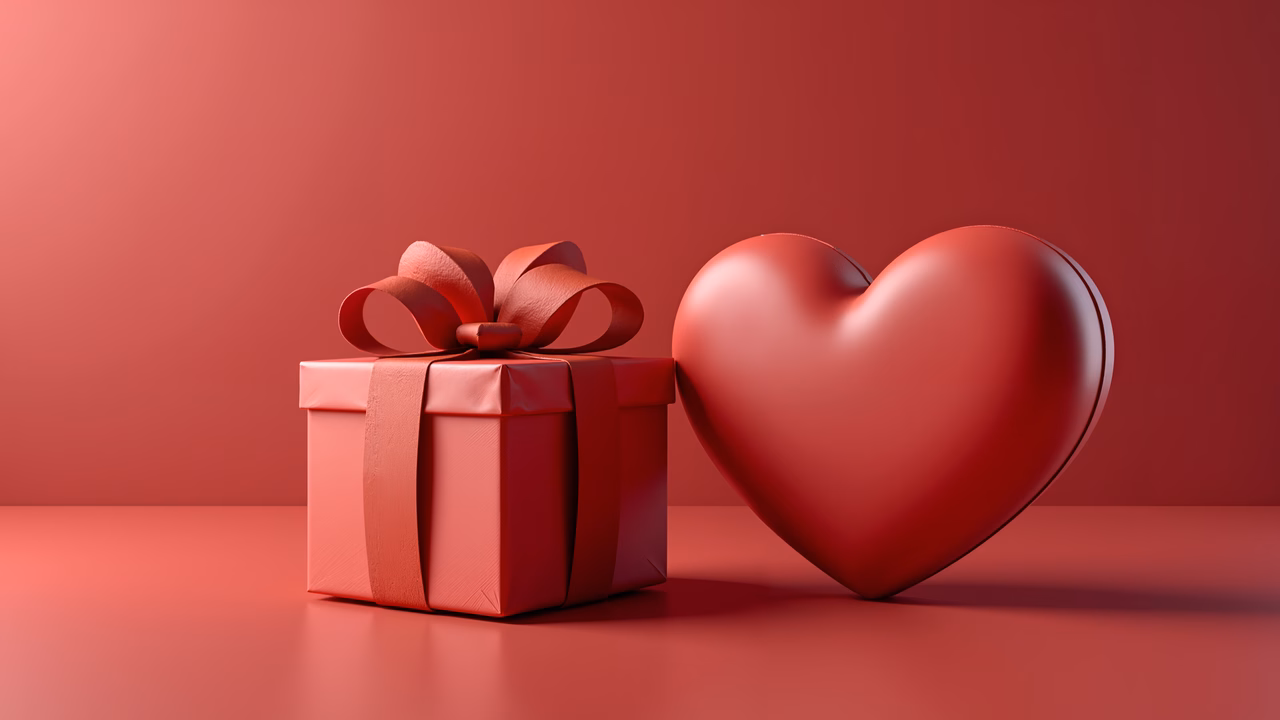 Romantic Valentine's Day illustration with red gift and heart on gradient background.