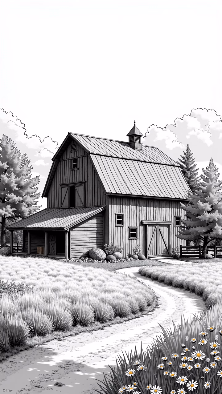 A peaceful black-and-white illustration of a rustic barn nestled in a lush countryside landscape.