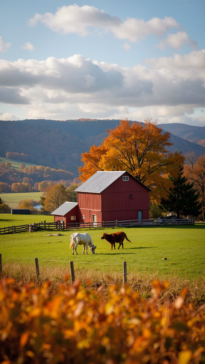 A tranquil rural landscape with a red barn and grazing cows against autumnal scenery.