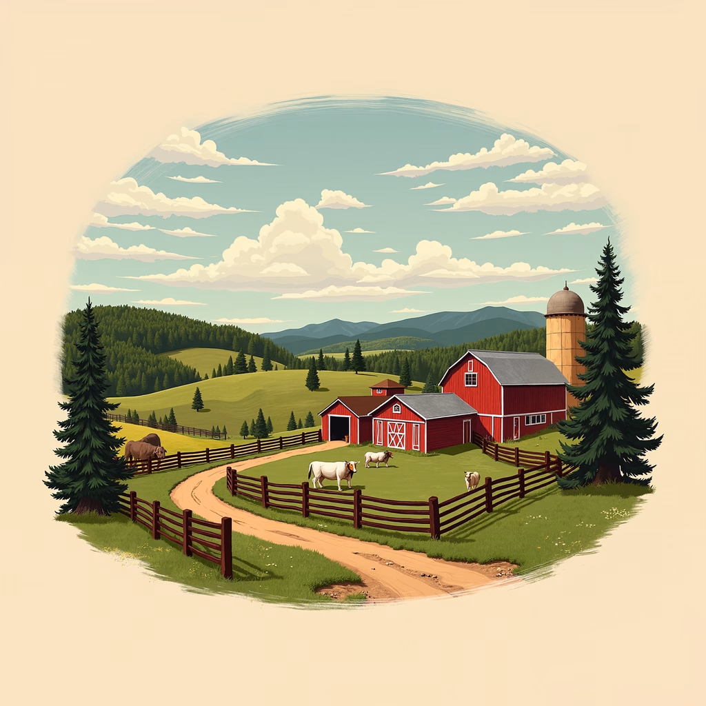 A tranquil farm scene with a red barn and grazing cows against a scenic backdrop.