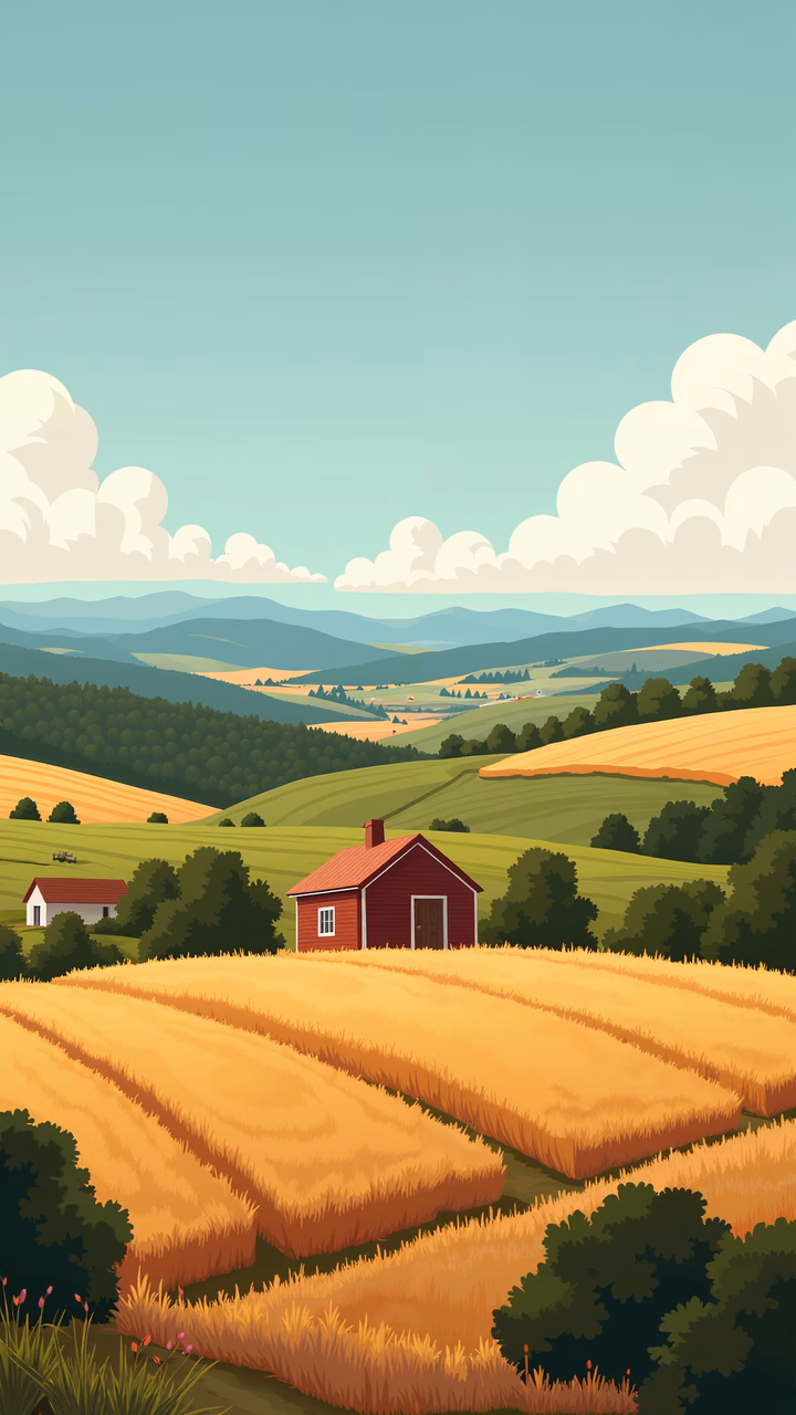 A peaceful rural landscape featuring a red farmhouse amidst golden fields and rolling hills under a clear blue sky.