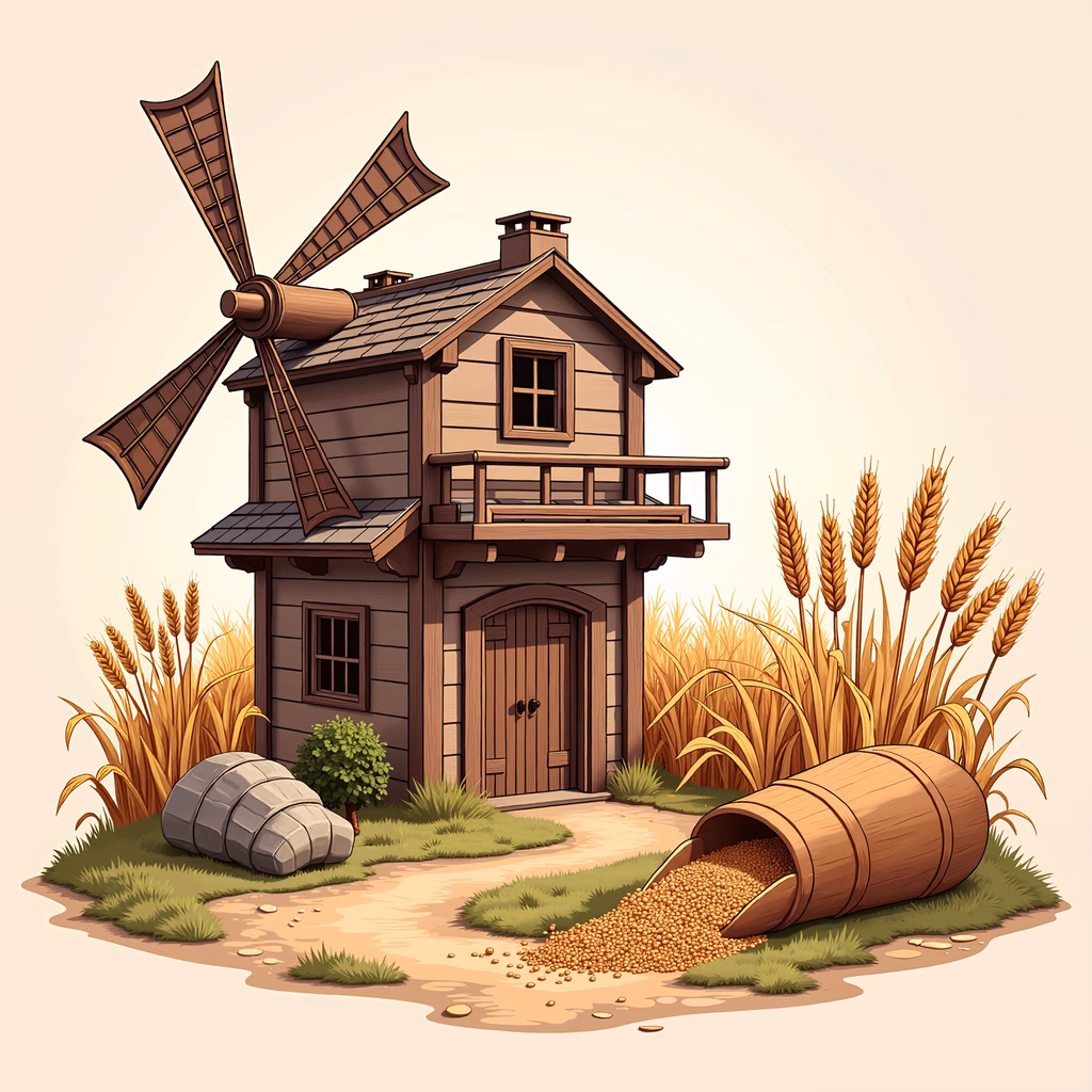 A serene illustration of a rustic windmill surrounded by a wheat field and a spilled barrel of grain.