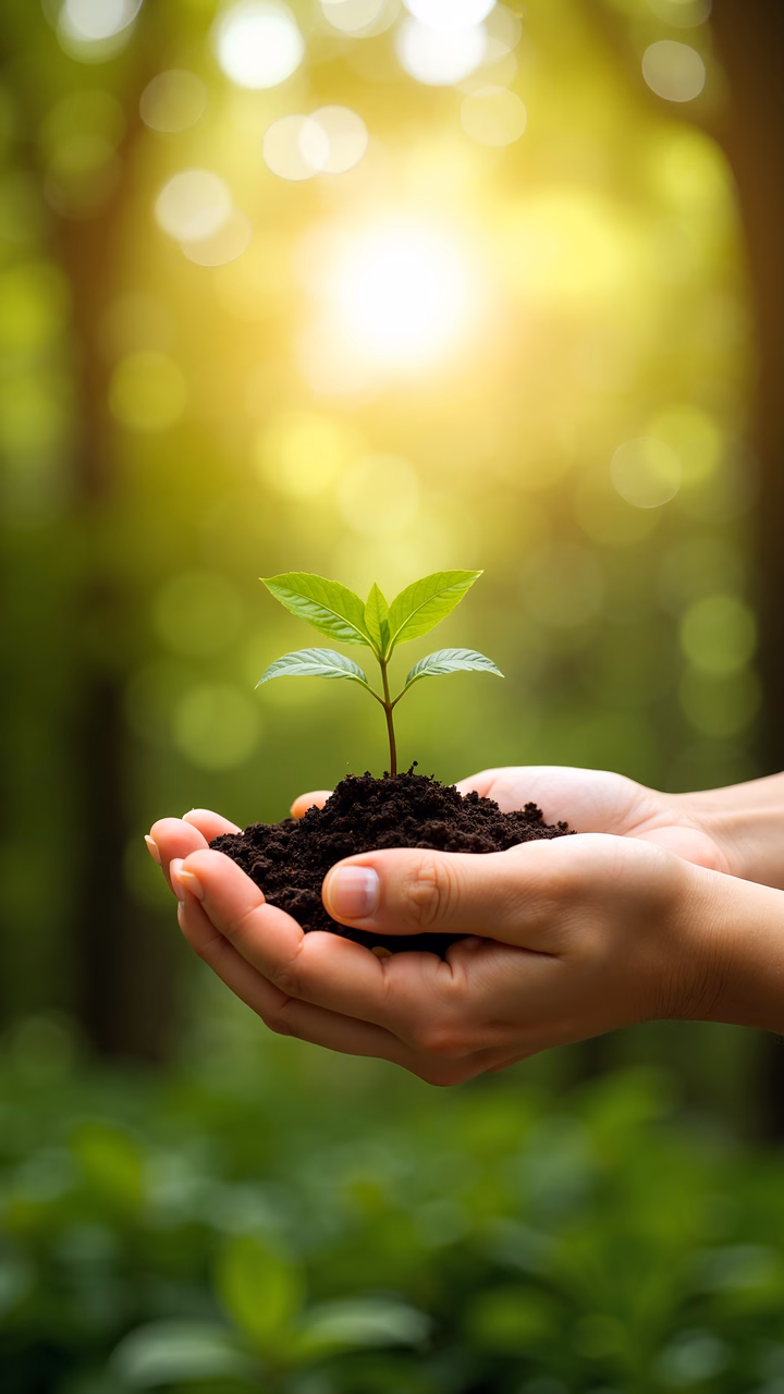Two hands cradle a seedling in rich soil, symbolizing growth and nurturing amidst a sunlit forest backdrop.