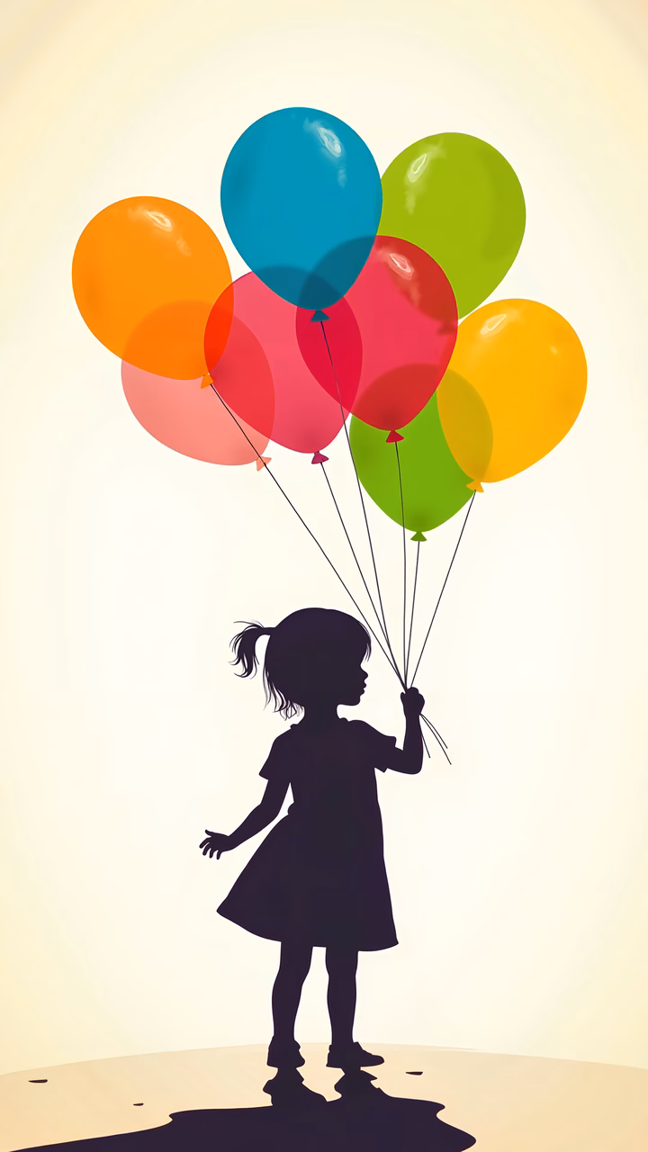 Silhouette of a girl holding colorful balloons, symbolizing joy and childhood innocence.