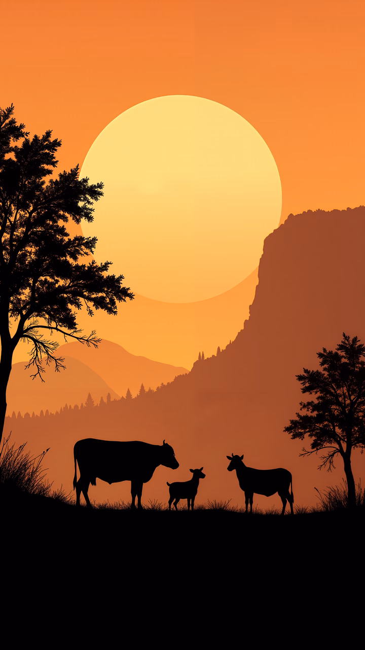 Silhouetted cows and calf against a vibrant sunset sky, evoking peace and tranquility.