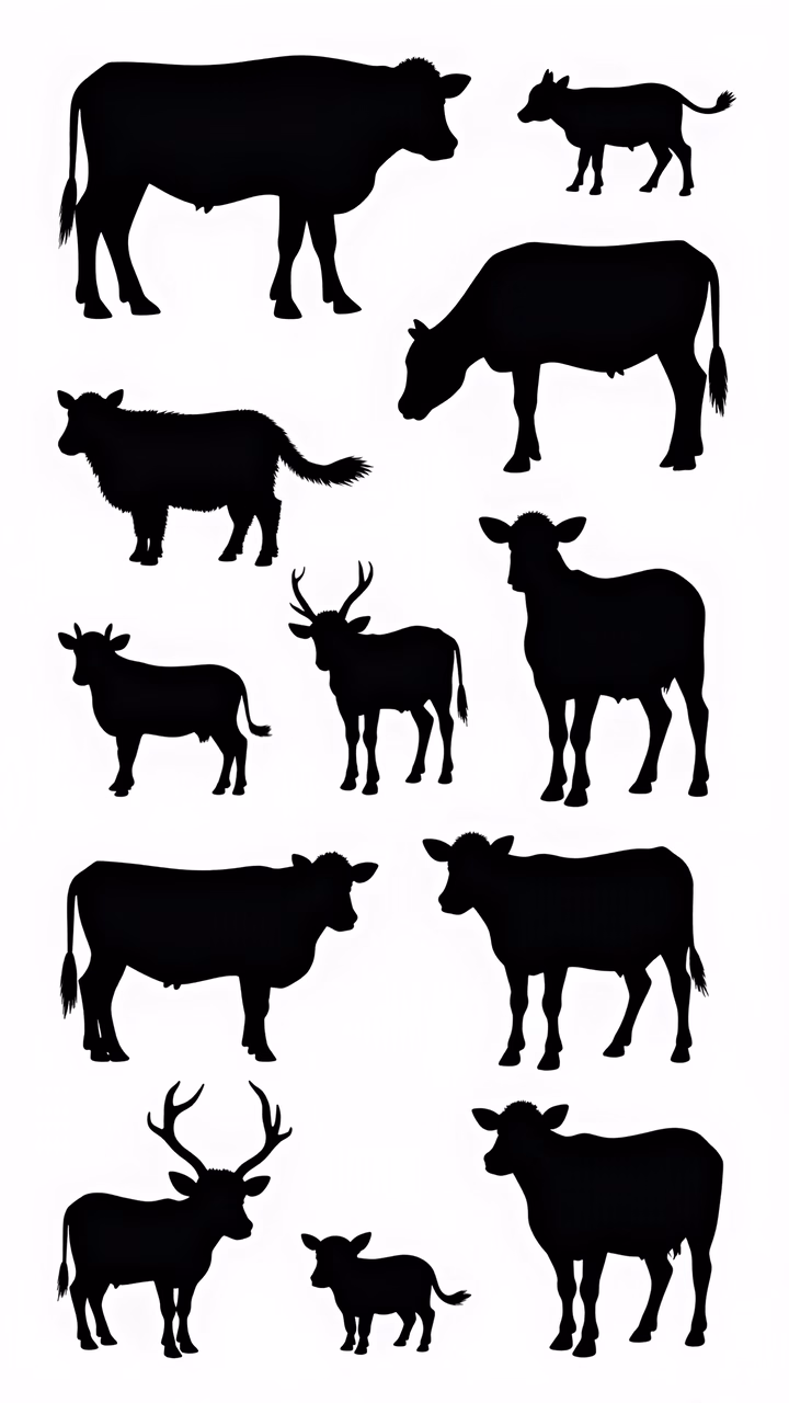 Minimalist silhouettes of cows and deer on a white background.