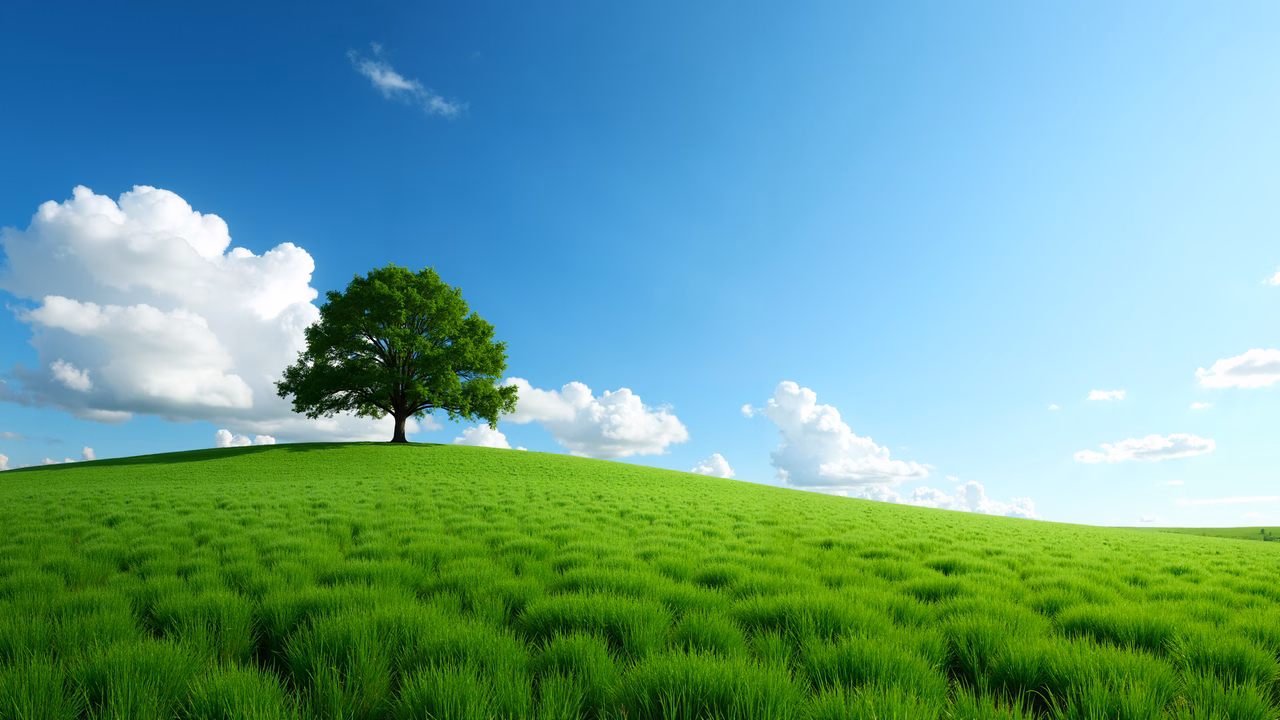 Solitary tree amidst a vast, green landscape under a bright blue sky.