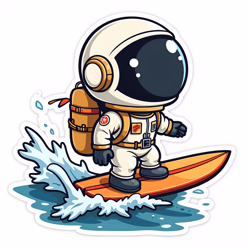 A fun astronaut surfing on a surfboard, blending space and sea adventures!