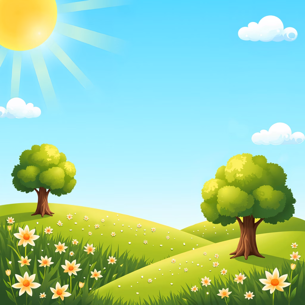 A peaceful spring scene with blooming flowers and two trees under a sunny sky.