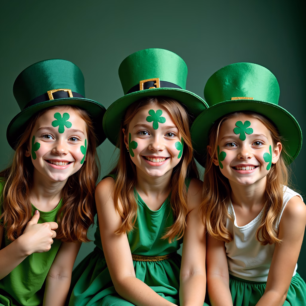 St. Patrick's Day celebration with three girls in green costumes and shamrock stickers.