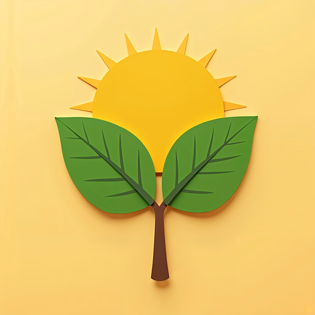 Vibrant sun and green leaves symbolize growth and vitality.