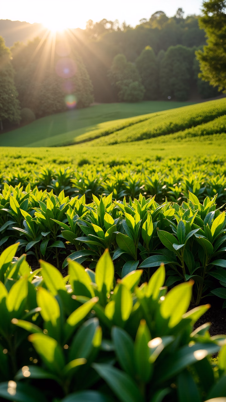 Golden sunlight illuminates a lush tea plantation, creating a peaceful and inviting scene.