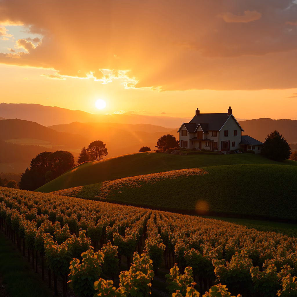 Golden sunset over a vineyard and homestead, evoking tranquility and natural beauty.