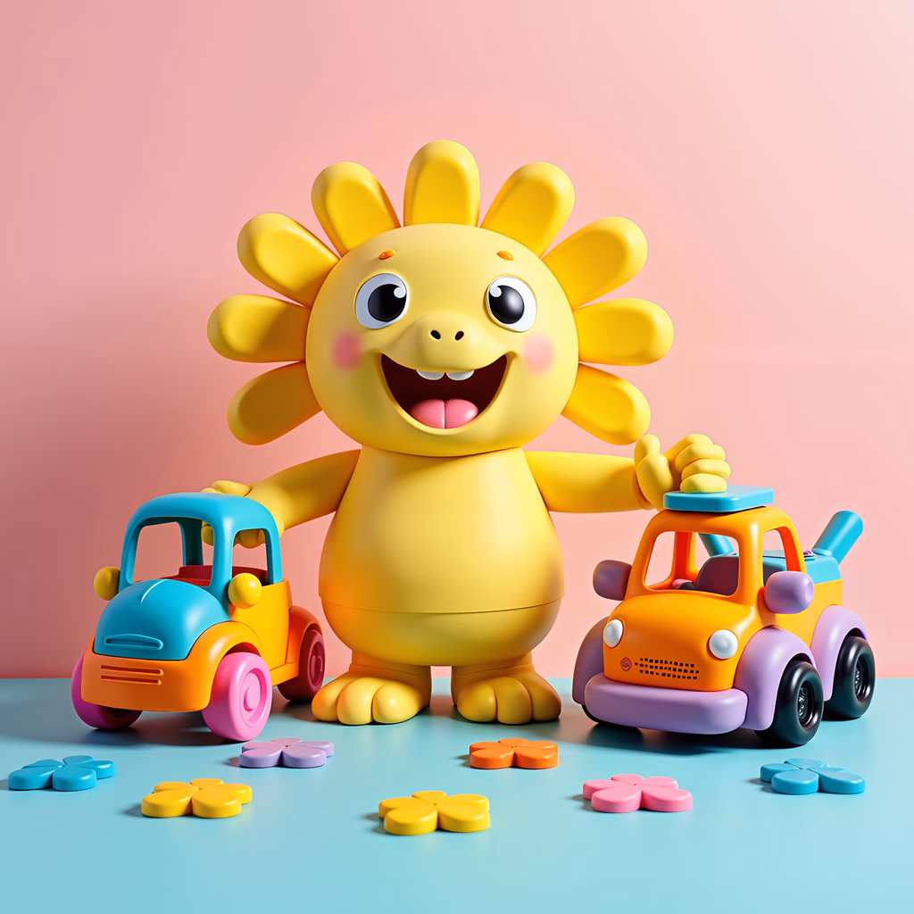 A joyful sun character with toy cars, perfect for children’s art.