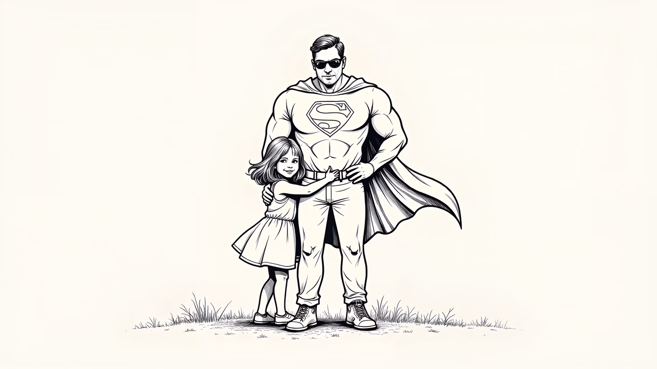 A superhero father and his daughter share a moment of trust and affection in a minimalist setting.