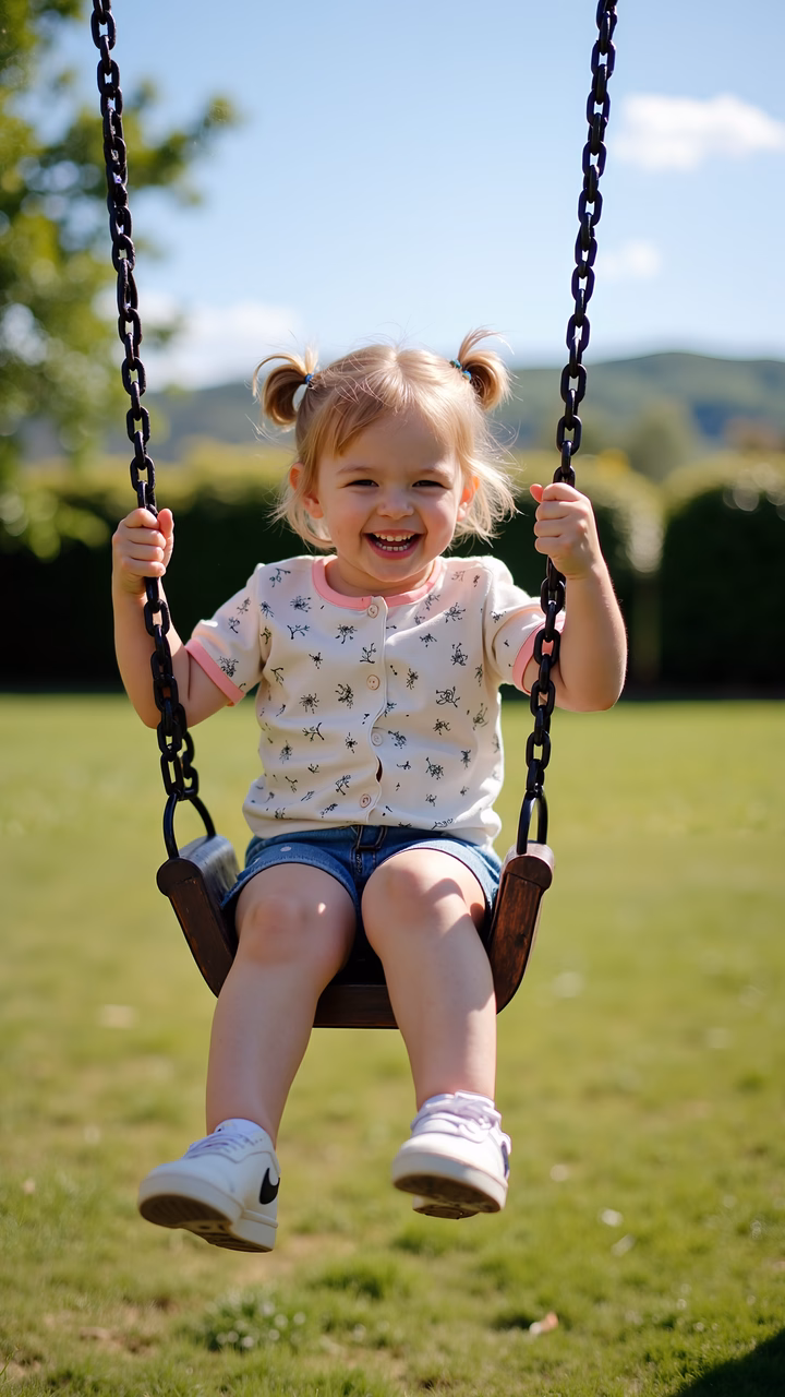 A cheerful little girl swinging in a sunny park, exuding joy and innocence.