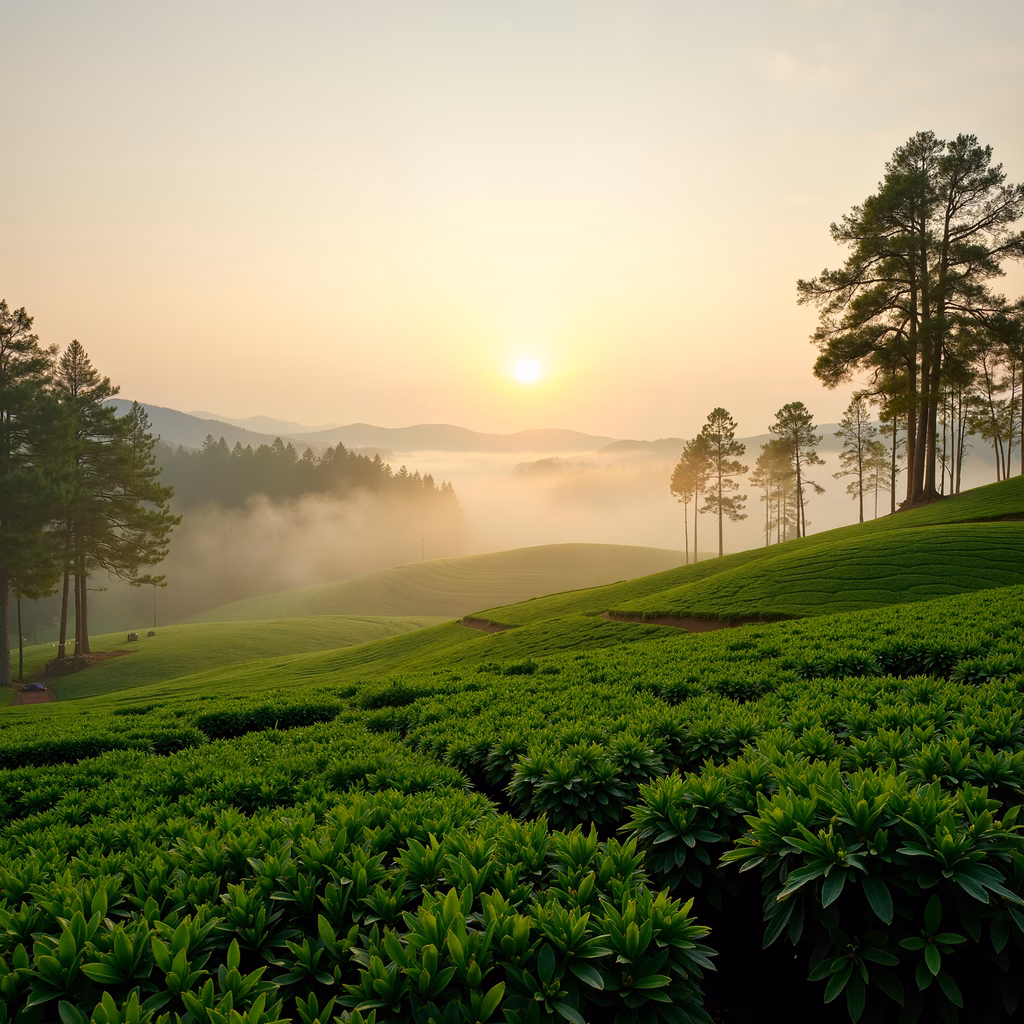 Tea plantation sunrise, serene landscape, misty valley, green hills, pine trees, dawn light