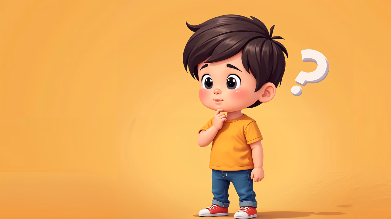 Curious young boy pondering with a question mark above his head.