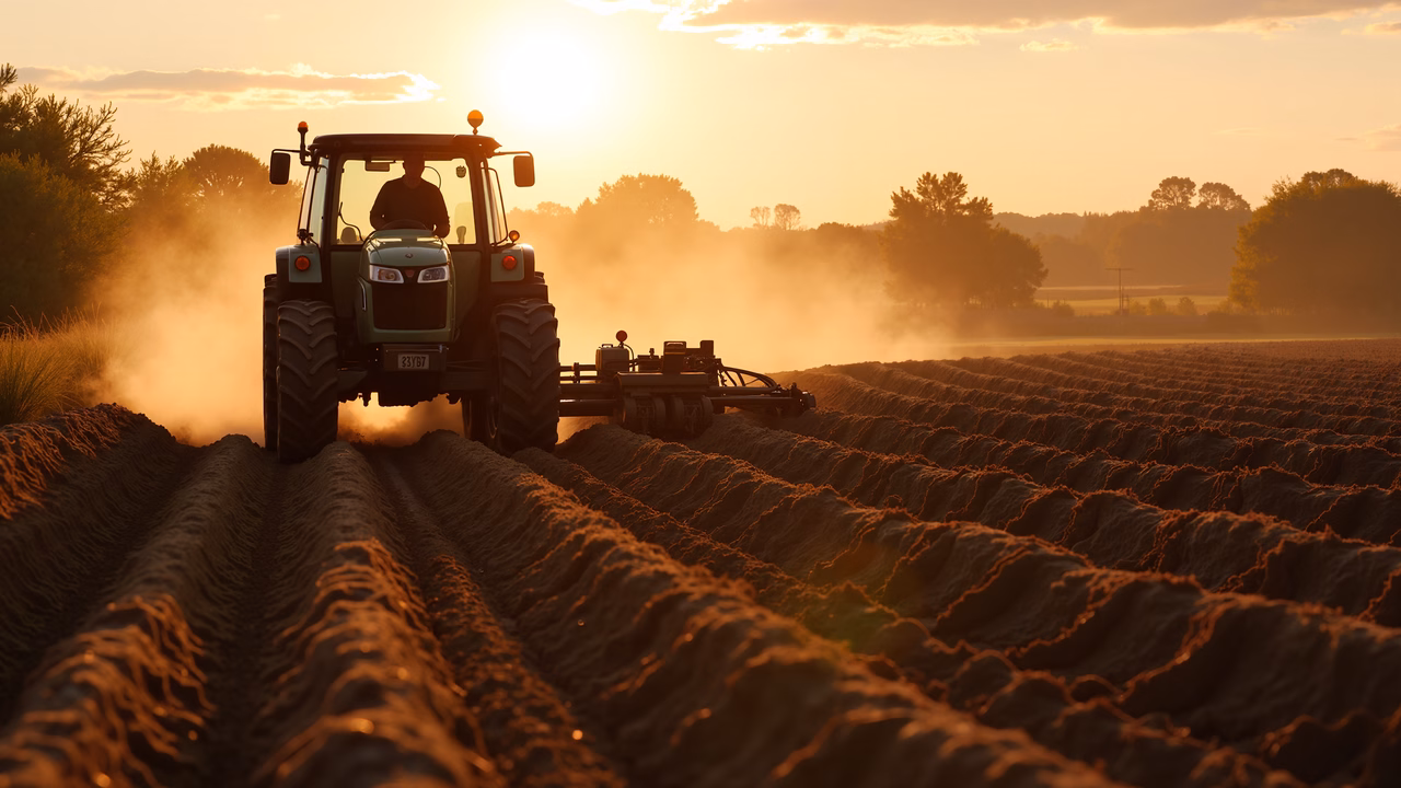 Golden sunset tractor plowing, agricultural productivity, rural life