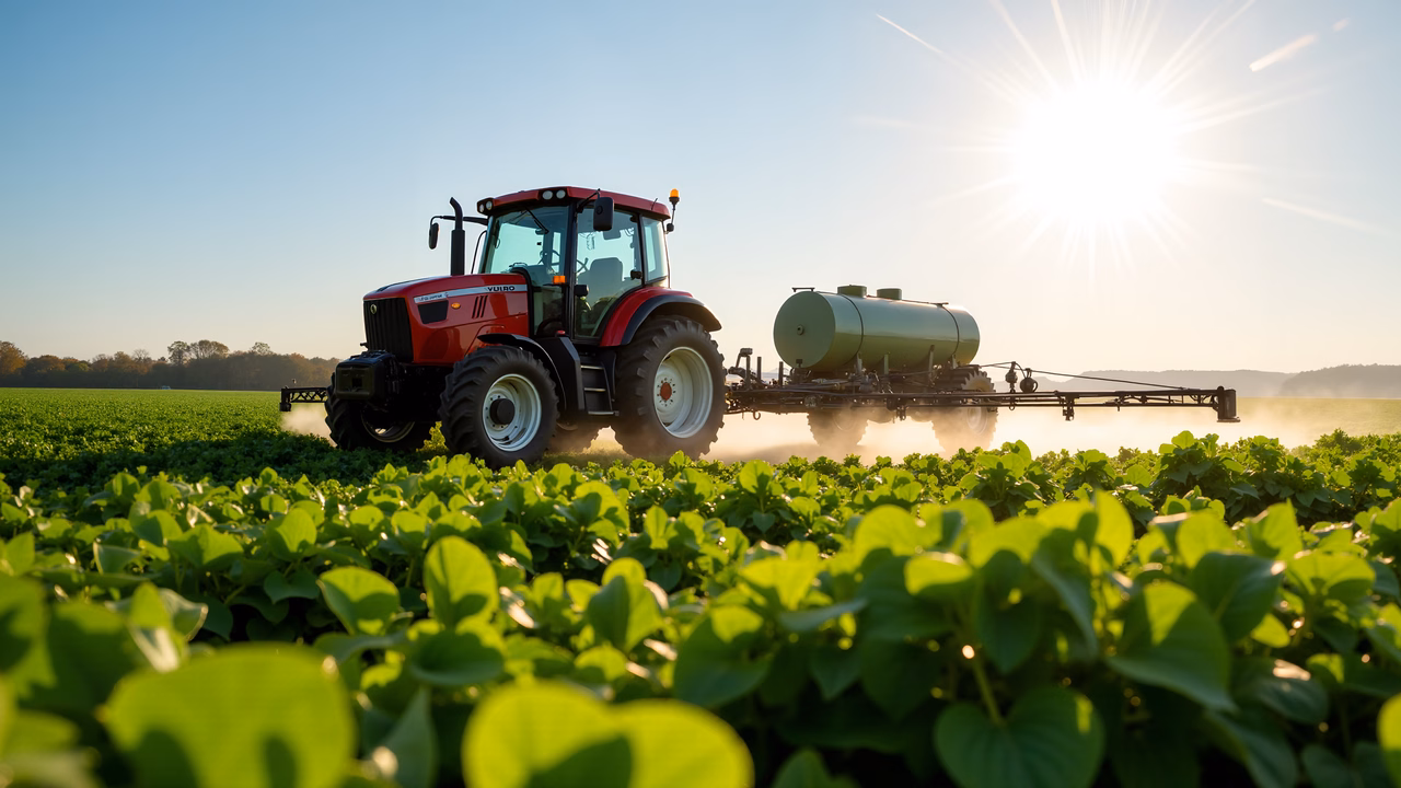 A tractor sprays crops under a sunny sky, highlighting agricultural activity.