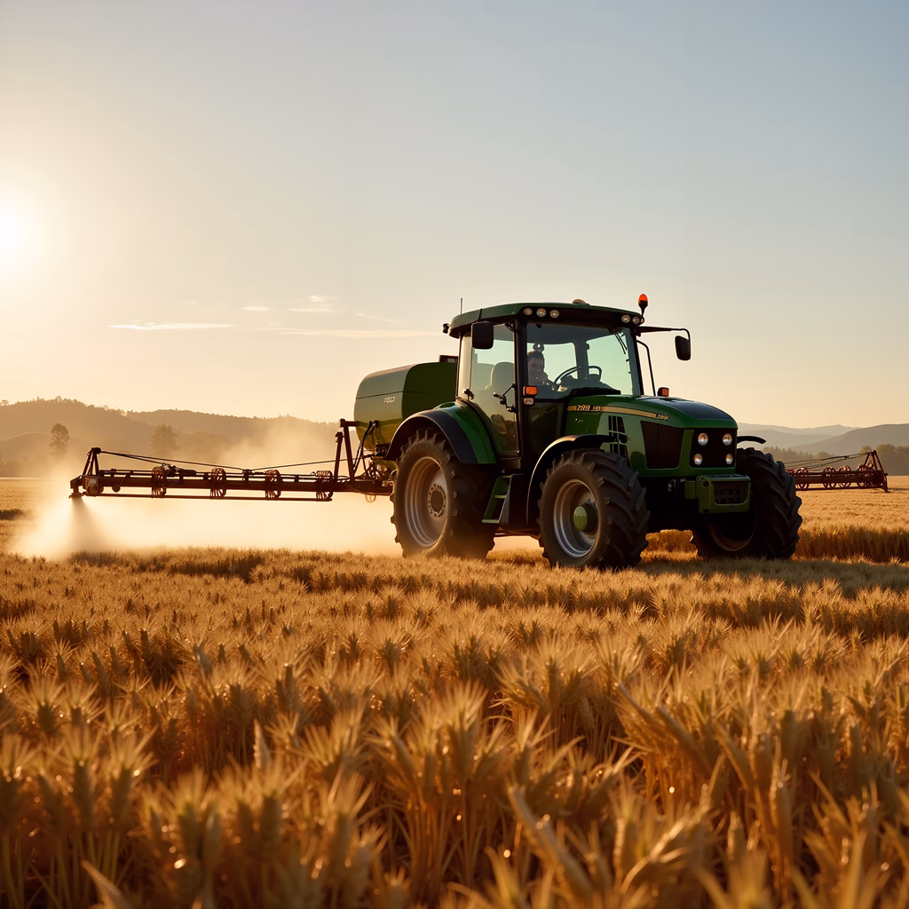 A tractor spraying a wheat field under a golden sunset, showcasing agricultural activity.
