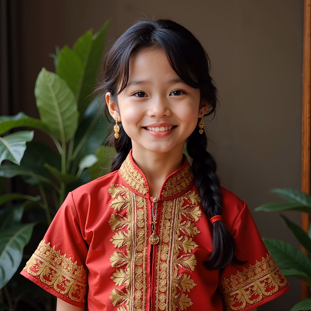 A young girl in traditional Chinese attire with intricate embroidery and green foliage in the background.