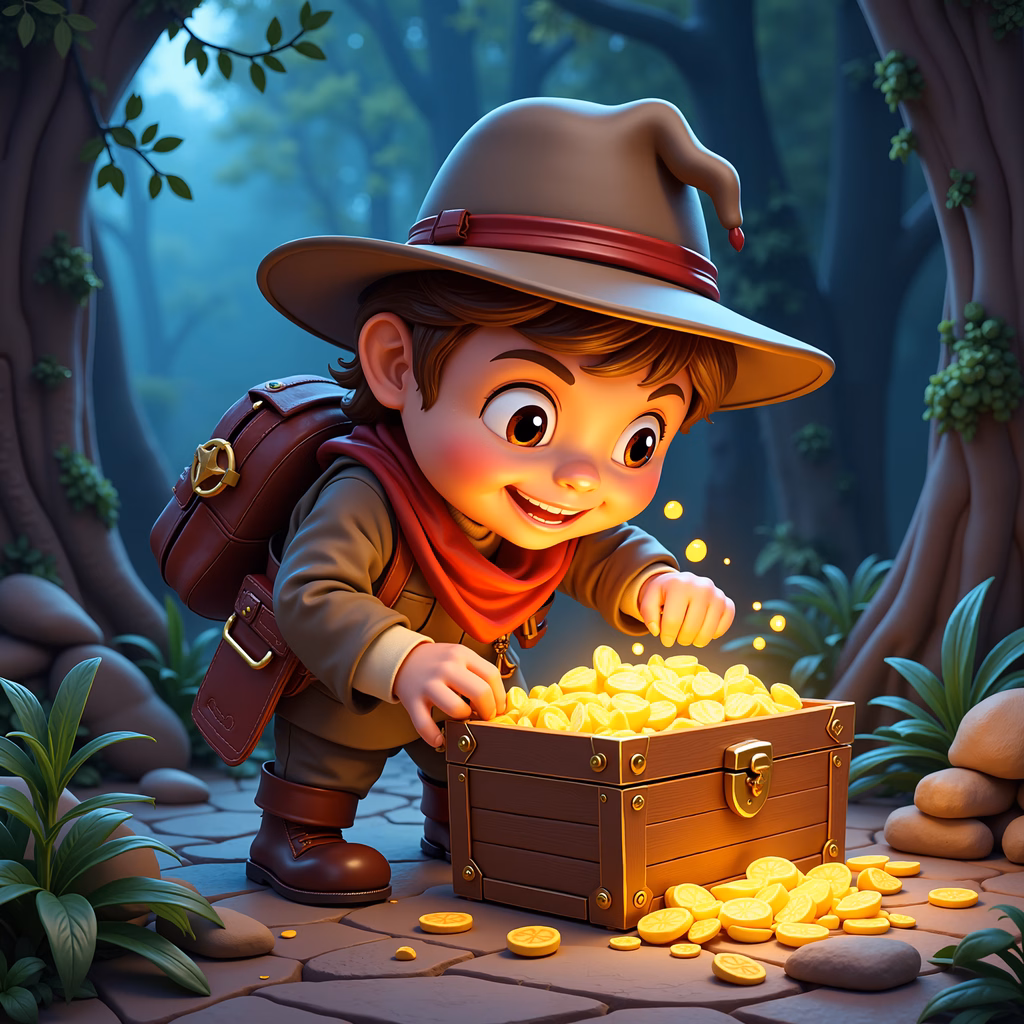 A joyful young explorer discovering a treasure chest in a magical forest setting.