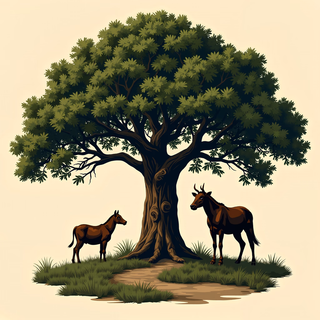 Peaceful nature scene with animals under a detailed tree, illustration style.