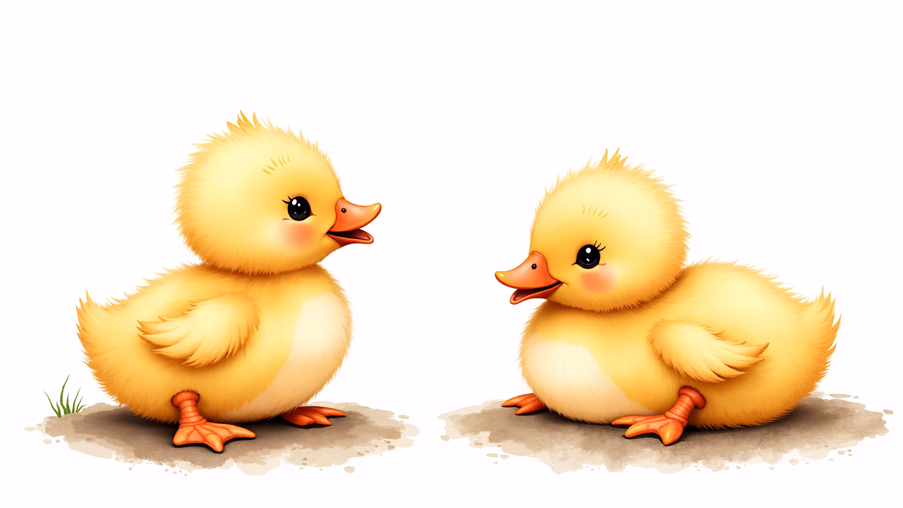 Two cute ducklings interacting playfully in a minimalist setting.