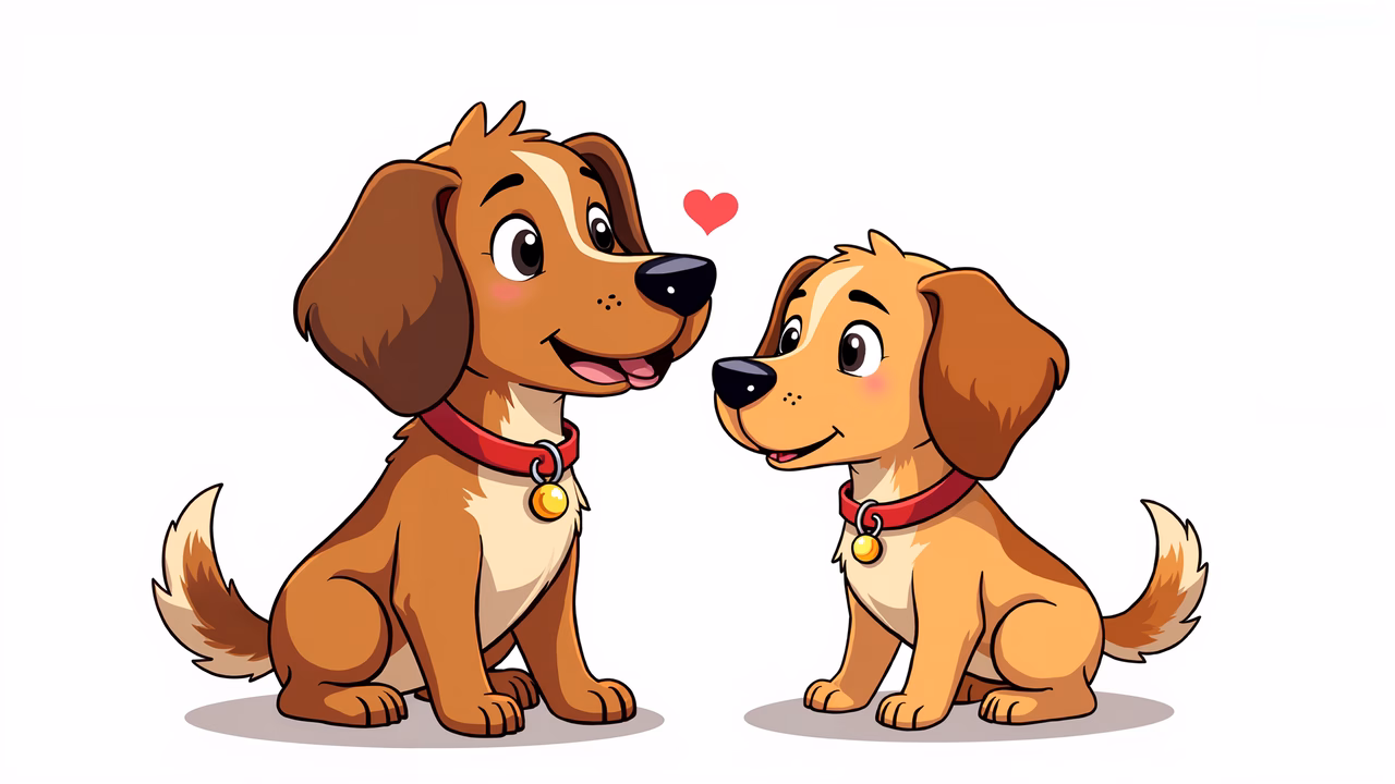 Two cute puppies sharing a heart, symbolizing friendship and affection in a playful cartoon style.