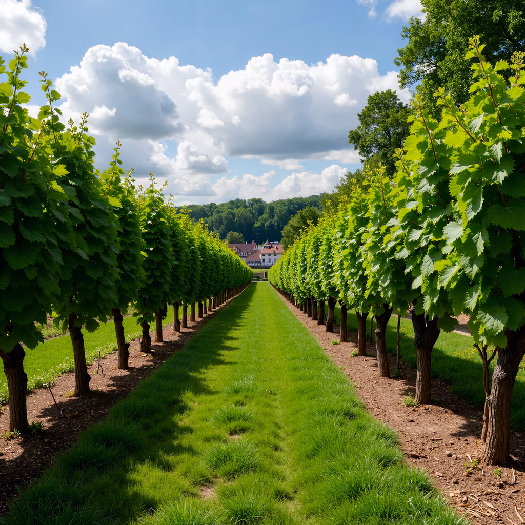 A picturesque vineyard pathway under a clear blue sky.