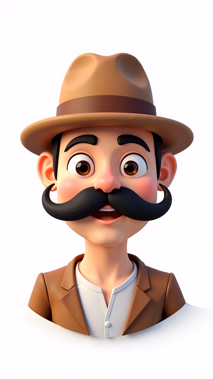 A smiling detective in a vintage style, wearing a fedora and mustache.