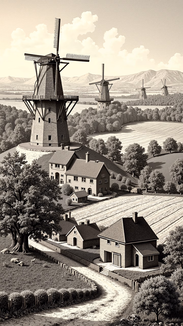 Sepia-toned rural landscape with windmills and homesteads.