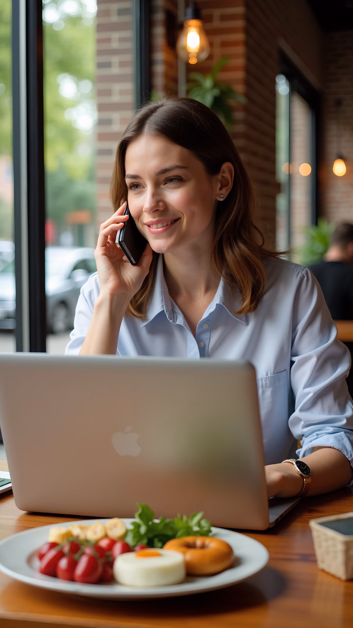 Woman multitasking in a cozy cafe setting with laptop and phone.