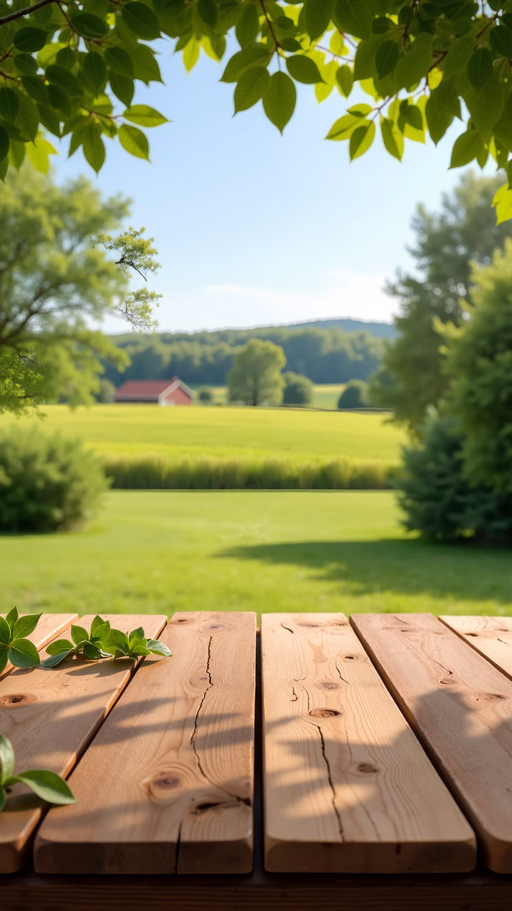 A serene rural scene framed by a wooden table and lush greenery under a clear blue sky.