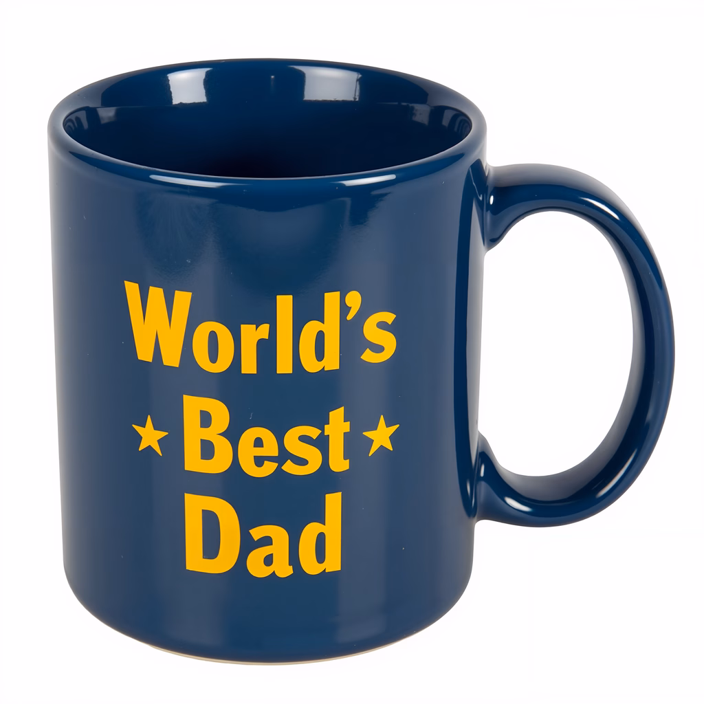 Glossy navy blue mug with bold yellow text saying 'World’s Best Dad'.